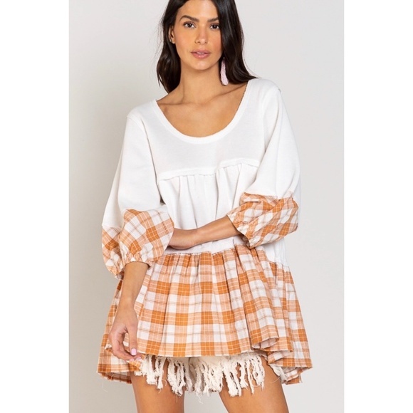 POL Tops - POL White & Rust Scoop Neck 3/4 Sleeve Plaid & Rib Knit Flowy Tunic Top